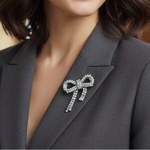 Blue Rhinestone Cascading Bow Brooch